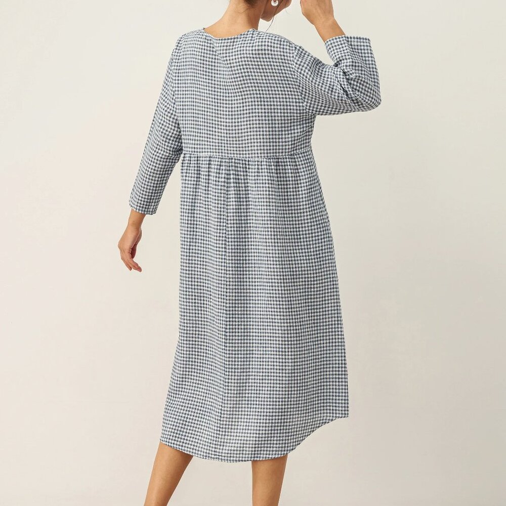 LINTICO Linen Check Long Sleeve Midi Dress - Picture 3 of 3